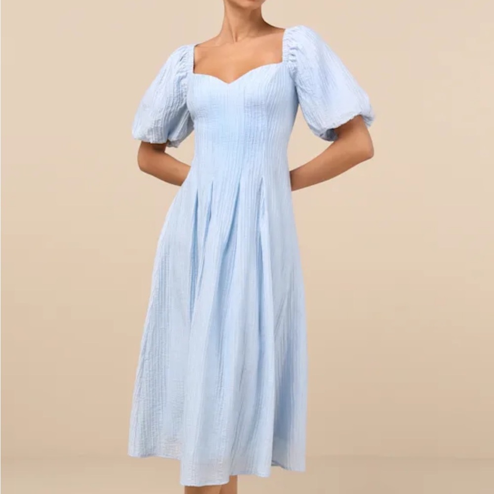 Lulu's Light Blue Midi Dress with Puff Sleeves